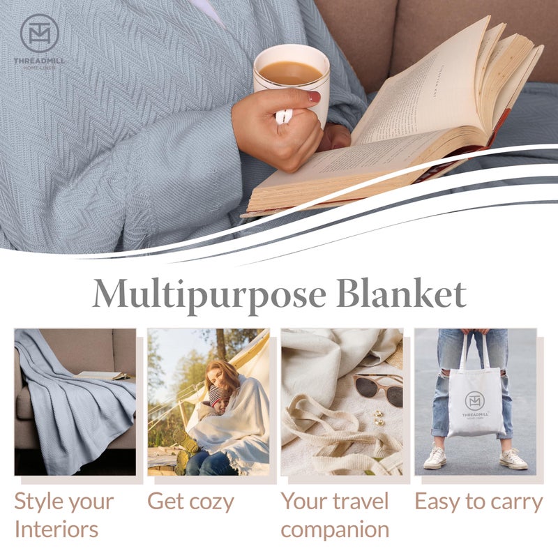 Threadmill Luxury Cotton Blankets for Queen Size Bed | All-Season 100% Cotton Queen Size Blanket | Herringbone Cozy, Soft Breathable Fall Thermal Blanket fits Full Size Bed | Scottish Grey - Image 2